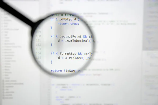Echte Java Script code scherm te ontwikkelen. Programing werkstroom abs — Stockfoto