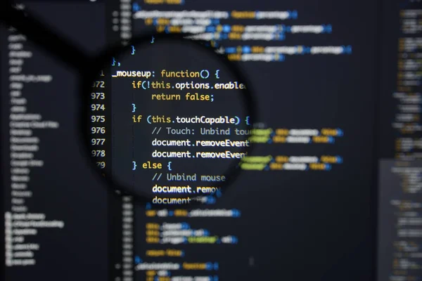 Igazi Java Script kódot fejlődő képernyő. A programkészítés munkafolyamat abs — Stock Fotó