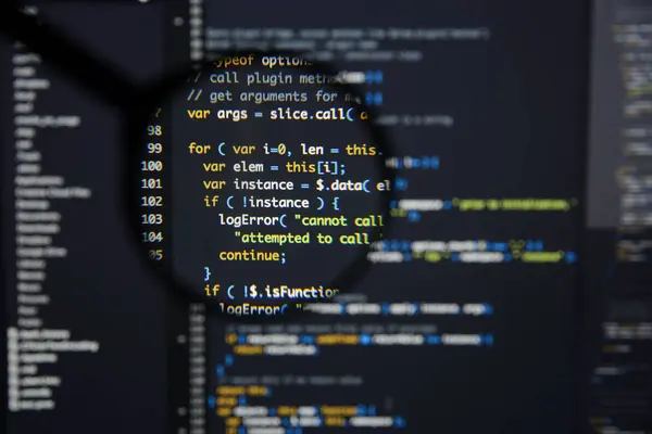Realer Java-Skript-Entwicklungsbildschirm. Arbeitsabläufe programmieren — Stockfoto