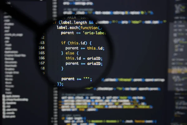 Real Java Script code developing screen. Programing workflow abs — Stock Photo, Image