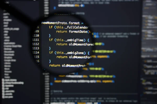 Realer Java-Skript-Entwicklungsbildschirm. Arbeitsabläufe programmieren — Stockfoto