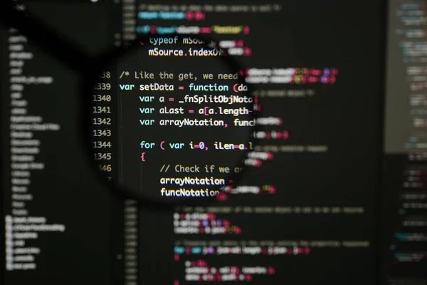 Реальный экран разработки кода Java Script. Программирование abs рабочего процесса — стоковое фото
