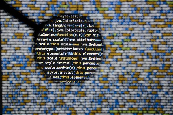 Igazi Java Script kódot fejlődő képernyő. A programkészítés munkafolyamat abs — Stock Fotó