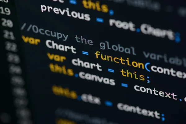 Real Java Script code developing screen. Programing workflow abs — Stock Photo, Image