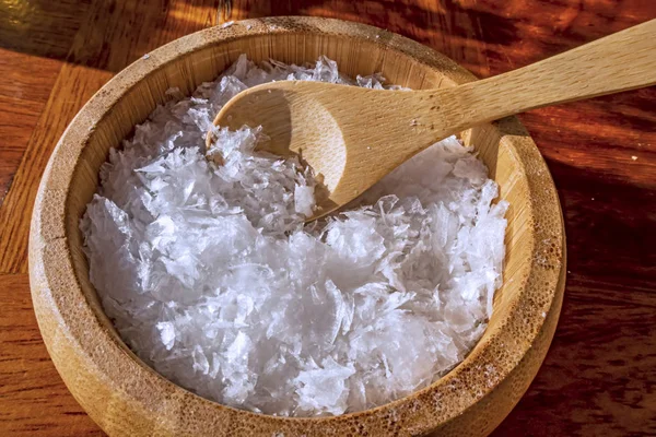 Pouring Salt Wooden Plate Wooden Spoon — Stock Photo, Image