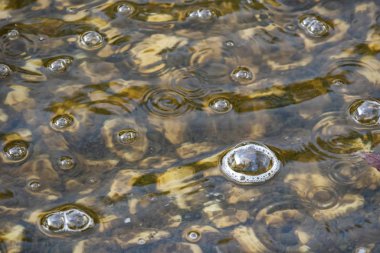 Su ve taşlarla süslü havuzu kapat.