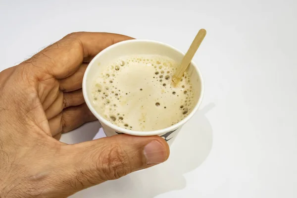 Cerrar Café Instantáneo Con Leche Cuchara Madera Las Manos Sobre —  Fotos de Stock