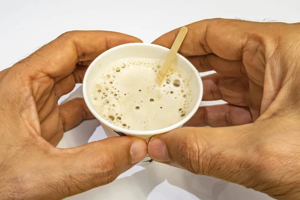 Közeli Instant Kávé Tejjel Fából Készült Kanállal Kezében Fehér Háttér — Stock Fotó