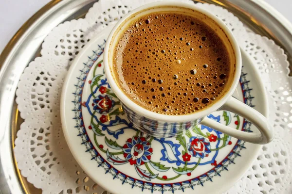 traditional turkish coffee in patterned coffee cup
