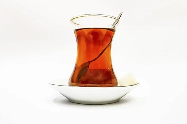 Traditional Turkish Tea Glass Cup Porcelain Plate Sugar Cubes Teaspoon — Stock Photo, Image