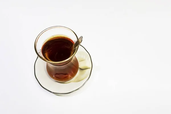 Traditional Turkish Tea Glass Cup Porcelain Plate Sugar Cubes Teaspoon — Stock Photo, Image