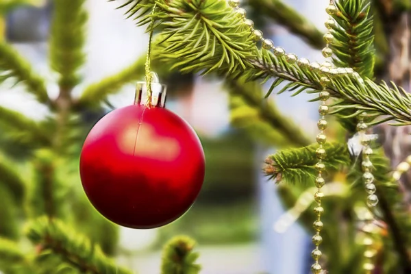 Close Christmas Tree Ornaments Pine Tree Branches — 스톡 사진