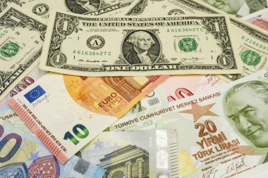 Türk lirası, Amerikan doları ve euro banknotlarını kapatın.
