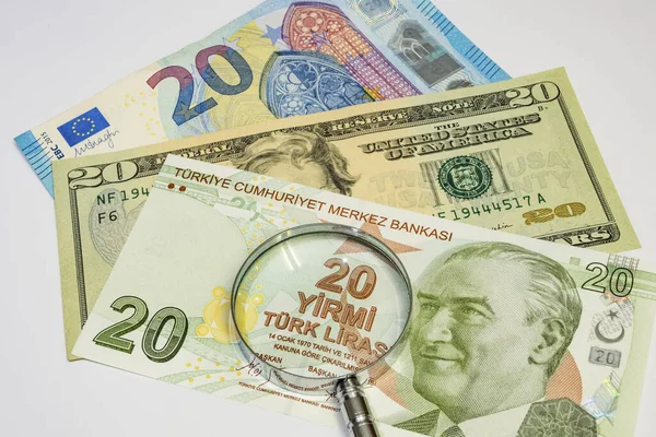 Close American Dollar Turkish Lira Euro Banknotes Magnifying Glass White — Stock Photo, Image