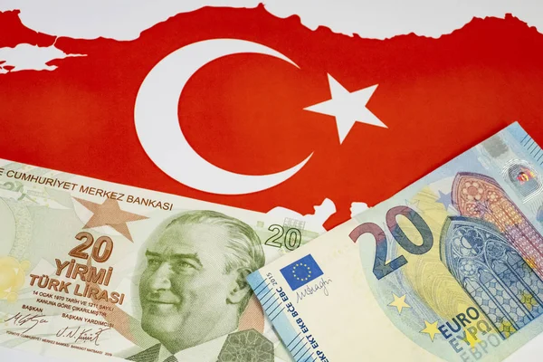 Stäng Turkiska Lira Och Eurosedlar Bakgrund — Stockfoto
