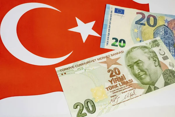 Stäng Turkiska Lira Och Eurosedlar Bakgrund — Stockfoto