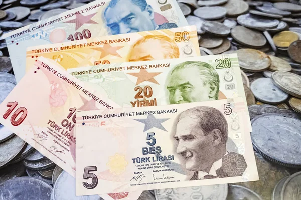 Chiudere Banconote Lire Turche Sfondo Finanziario — Foto Stock