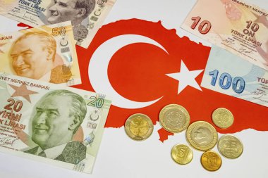 Arka plandaki Türk lira banknotlarını ve sikkelerini kapat