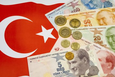 Arka plandaki Türk lira banknotlarını ve sikkelerini kapat