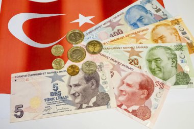 Arka plandaki Türk lira banknotlarını ve sikkelerini kapat