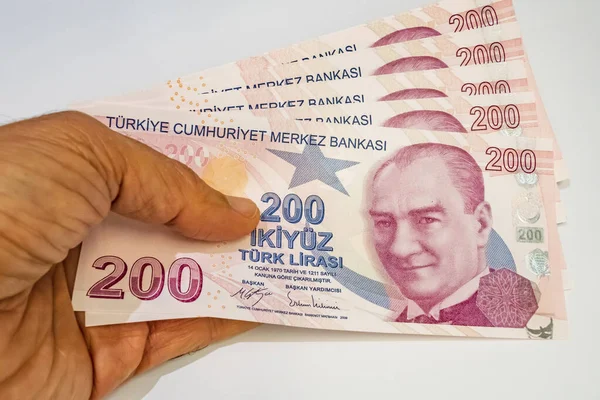 Close 200 Turkse Lire Bankbiljetten Witte Achtergrond — Stockfoto