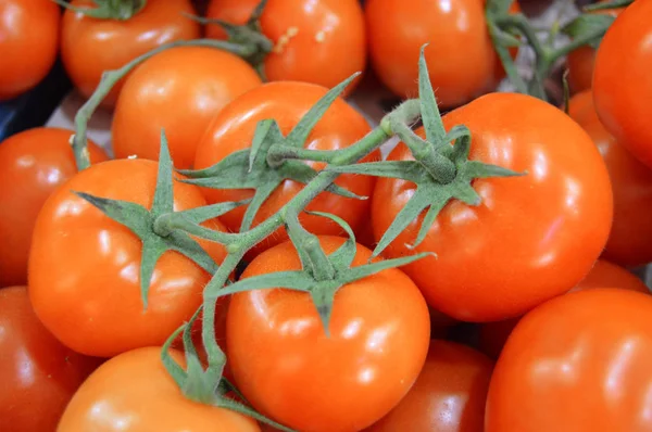 Fotos de tomates orgánicos en las secciones de venta de comestibles y comestibles — Foto de Stock