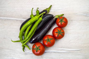 Natural tomatoes, green peppers and aubergines, vegetable paintings in different concepts, intestinal tomatoes and peppers, fresh tomatoes and green peppers, clipart