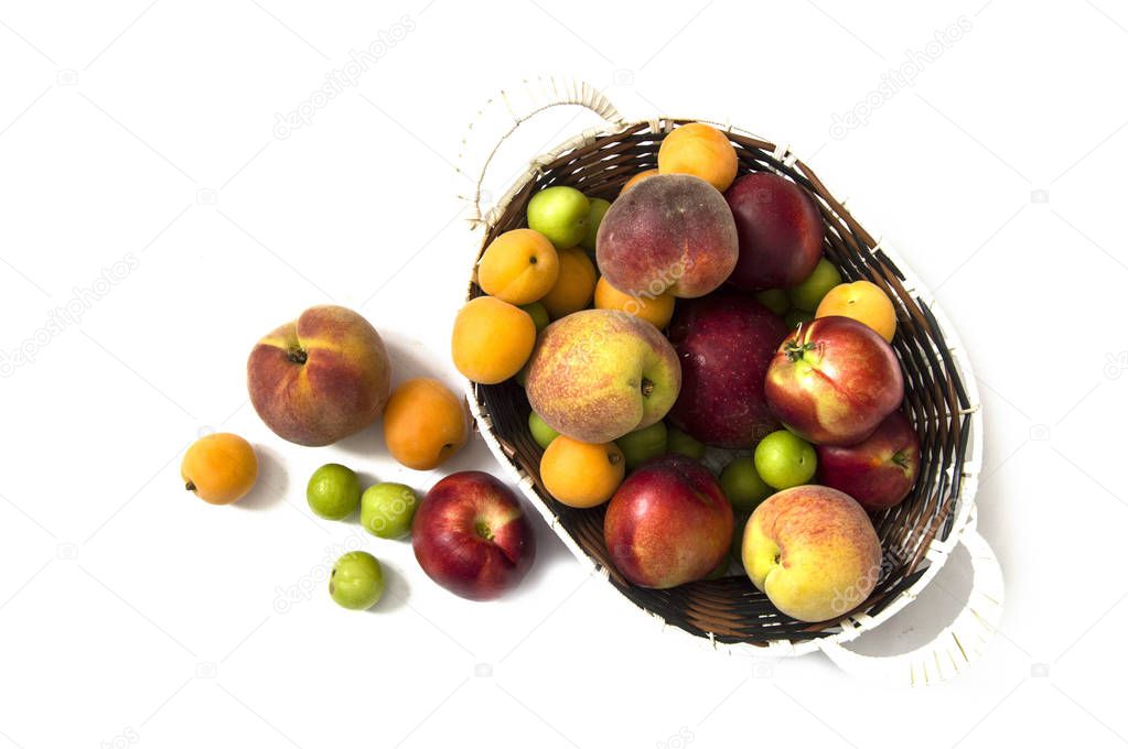 Mixed summer fruit pictures in a basket,White background with a basket of peaches, plums, apples, nectarines, apricot pictures