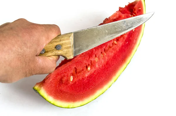 White back background watermelon slice, the most wonderful watermelon pictures, Cut slices of watermelon with knife, magnificent watermelon pictures — Stock Photo, Image