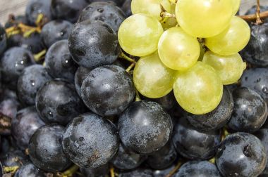 Bir ahşap zemin üzerinde siyah üzüm, siyah ve Yeşil üzüm resimleri plaka, büyük siyah üzüm resimleri