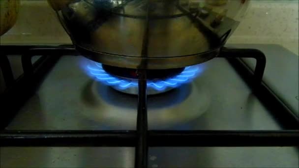 Branden Een Natuurlijke Gasfornuis Een Ketel Een Brandend Gas Kookplaat — Stockvideo