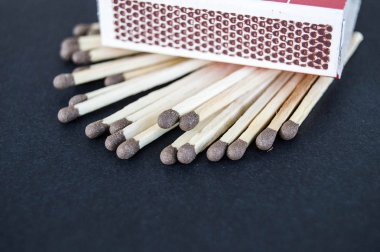 siyah bir arka plan ile bir kibrit kutusu ve bu maçta düzinelerce vardır,