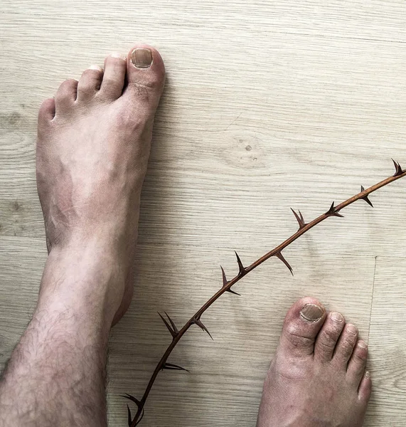 Een Menselijke Voet Grond Doornstruiken Doornen Enorme Menselijke Voetnaald — Stockfoto