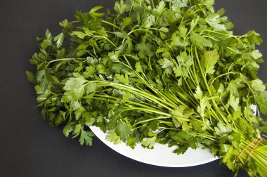 plaka, siyah zemin üzerine maydanoz bitki maydanoz duruyor,