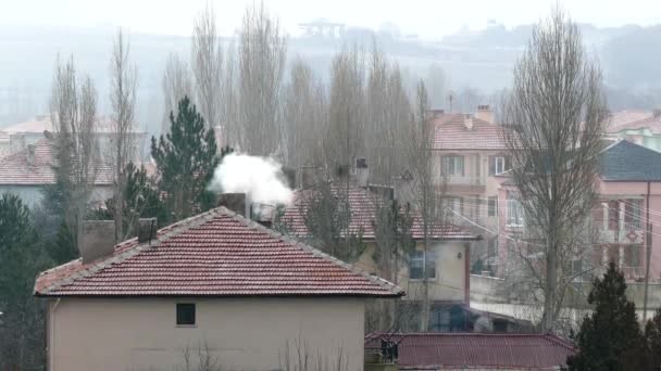 Випаровується Зимового Міста Димоходу Дим Пічки Димоходів Будинків — стокове відео