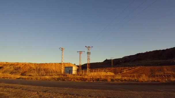 Electric Poles Perspective Image Sunset Sky Airplanes — Stock Video