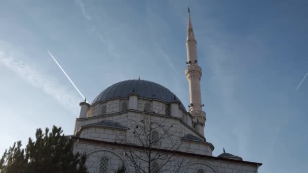 Kubbeler Bir Caminin Minaresi Gökyüzünde Uçaklar — Stok video