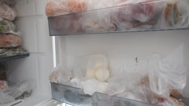 Κατεψυγμένα Τρόφιμα Στα Ράφια Του Ψυγείου Καταψύκτη Και Κατεψυγμένα Τρόφιμα — Αρχείο Βίντεο