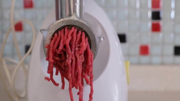 切碎的肉磨机和吸引 精细切碎 一个工作的肉磨机 — 图库视频影像