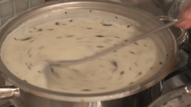 新煮的热酸奶汤盛在锅里非常近 — 图库视频影像