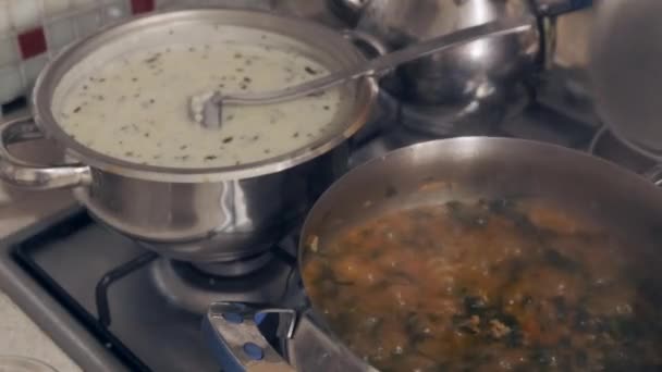 新しく調理したヨーグルトスープを鍋に閉じ込めて — ストック動画
