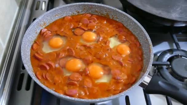 Cooking Sausage Eggs Eggs Sausages Cooking Pan — Stock Video