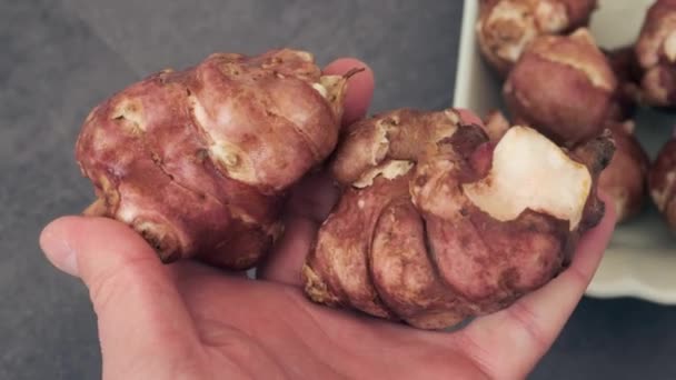 Knife Jerusalem Artichoke Man Hand — Stock Video