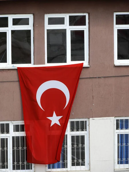 Bandeira Turca Acenando Janela Escola Feriado Bandeira Turca — Fotografia de Stock