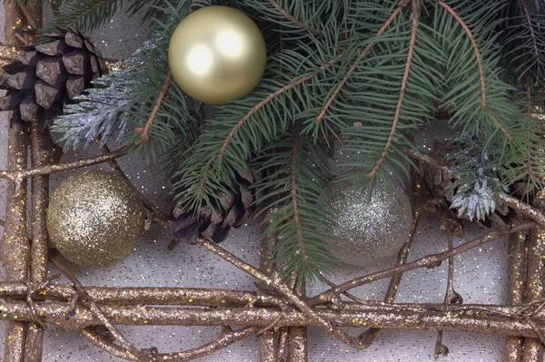 Christmas decoration with silver and golden balls — Stock Photo, Image