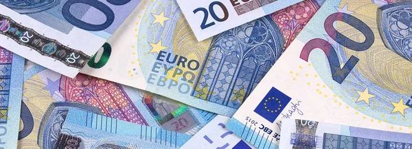 Euro geld bankbiljetten verschillende denominaties abstract achtergrond. — Stockfoto