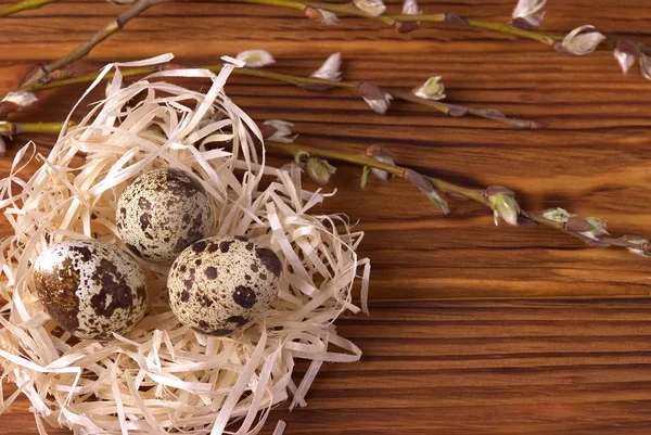Décoration de Pâques, Oeufs de Pâques dans le nid sur fond de bois brun . — Photo