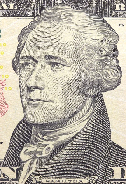 Alexander Hamilton αντιμετωπίζουν μας δέκα ή 10 δολαρίων νομοσχέδιο μακροεντολή, Ηνωμένες Πολιτείες χρήματα κινηματογράφηση σε πρώτο πλάνο. — Φωτογραφία Αρχείου
