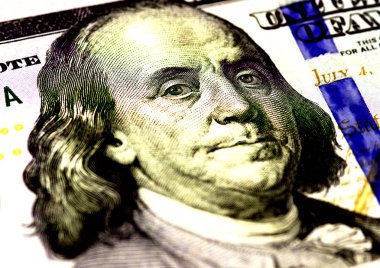 Benjamin Franklin yüz yüz bize veya 100 dolar bill makro, Amerika Birleşik Devletleri para portre.