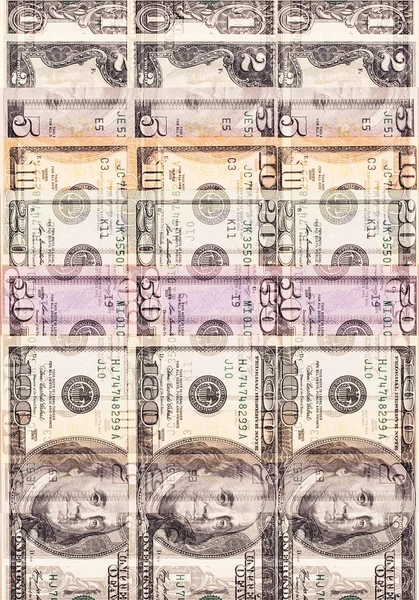 Abstract dollar bills of different denominations background. — Stock Photo, Image